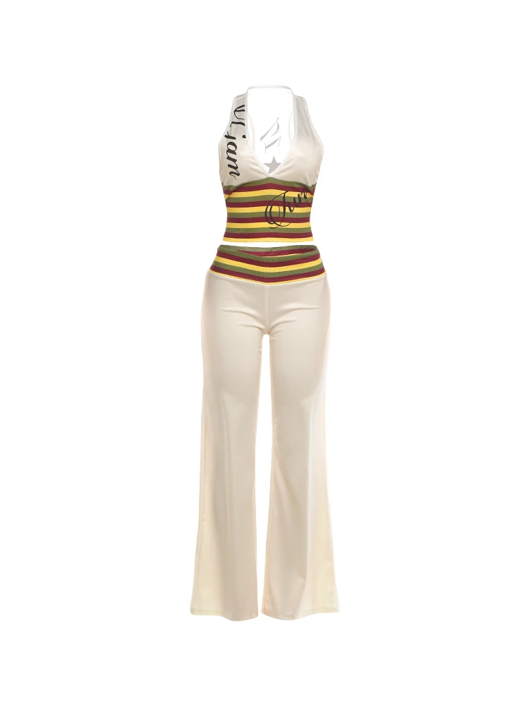 Nibber ärmelloses Tanktop mit Buchstaben-Aufdruck und V-Ausschnitt + Hose mit weitem Bein, lässiges gestreiftes 2-teiliges Set für Damen, trendiger, schicker Street-Sportanzug – Detail 2