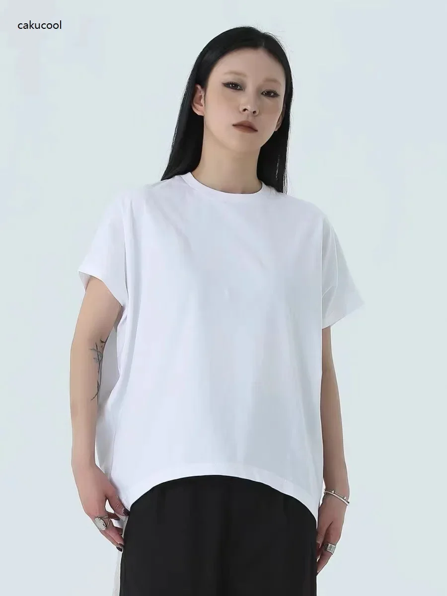 

Cakucool Summer Harajuku Women Solid Whie Loose Front Short Back Long Short Sleeve Tshirt Casual Simple Basic Arc Tee Tops