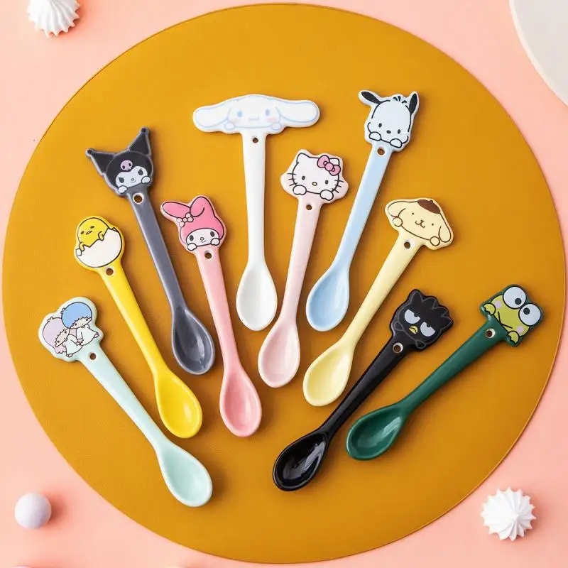 Hellokitty Cinnamoroll Pachacco Ceramic Spoon Kawaii Coffee Mixing Spoon Sanliou Creative Cute Cartoon Sanliou Shaped Spoon