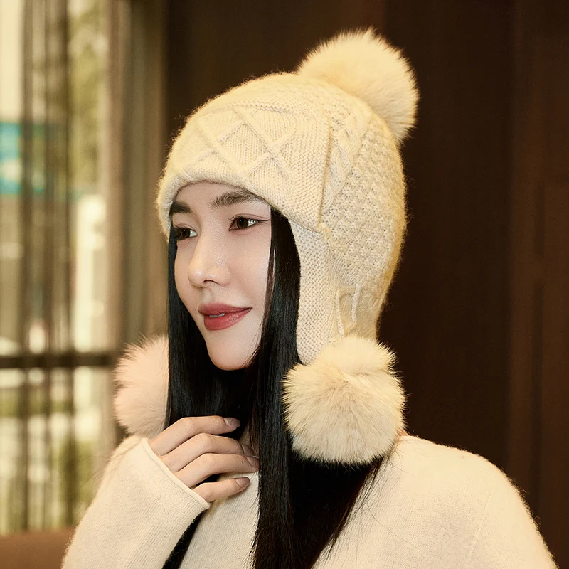 Women's 100% cashmere hat casual knit hat solid color pullover hat thick brim cap warm cold hat ear protection hat