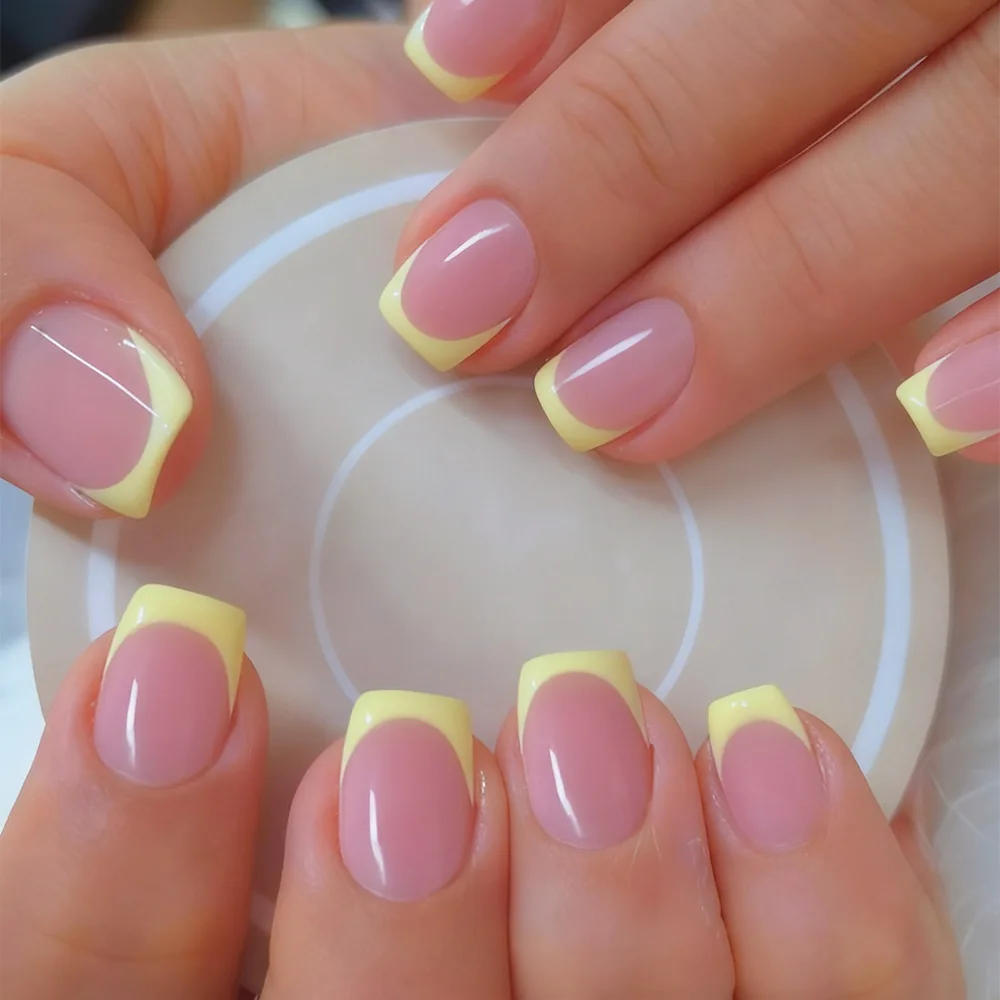 

Nude & Yellow French Tip Press On Nails, Short Square Full Cover Glossy Fake Nails, Pastel Yellow Tip False Nails for Women