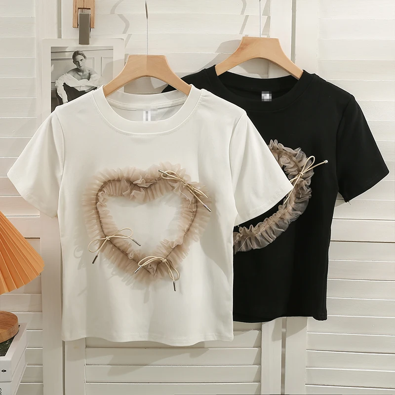 

Summer Sweet Ruffles Mesh Patchwork White T Shirt Tees Women Slim Tie Bow Heart T-Shirts Female Short Sleeve Bottom Short Shirt