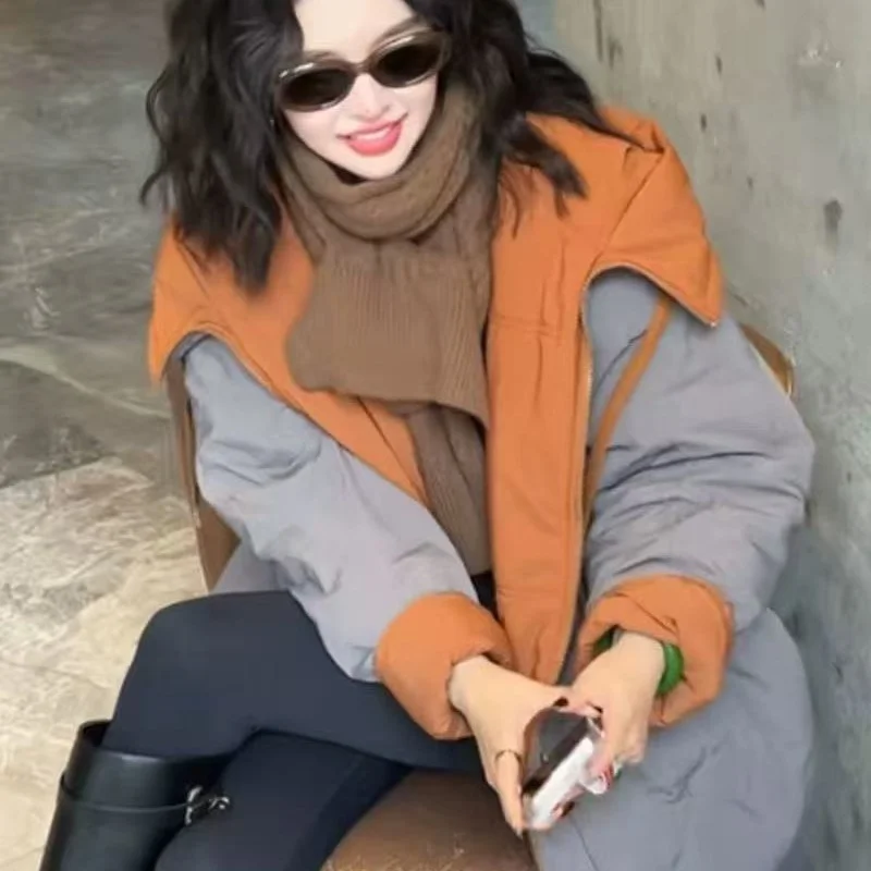 

2025 New Winter Casual Hooded Jacket Women Korean Fashion Pockets Long Sleeve Zipper Mid Length Warmful Coat Reversible Outwears