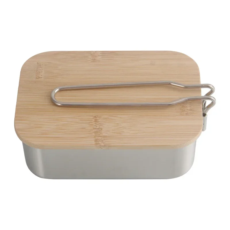 304 Stainless Steel Lunch Box With Wood Lid Outdoor Camping Travel Food Storage Containers Kids Lunchbox with BBQ Rack