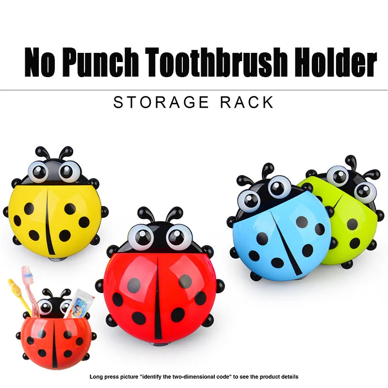 4-colours Cute Ladybug Toothbrush Holder Wall Suction  Home Storage Rack Shelves Kids Bathroom Accessories Shelves Suction Cup