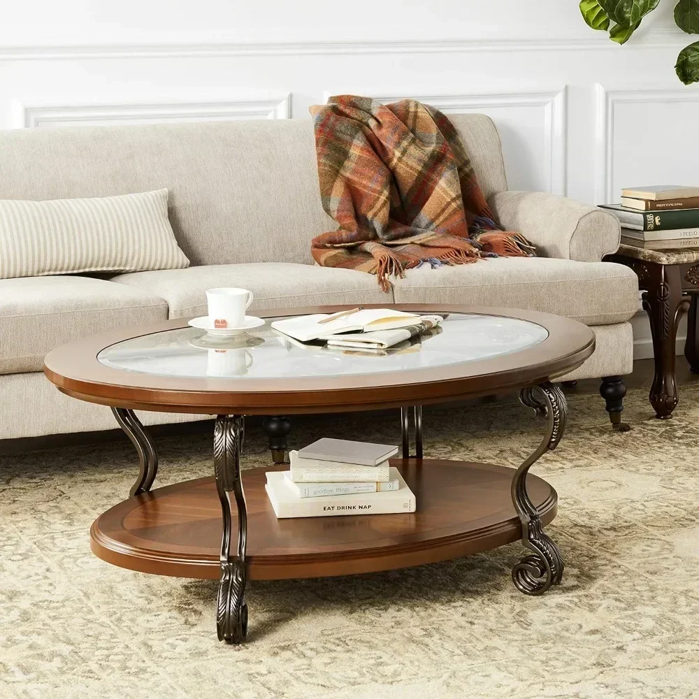 

Traditional Oval Coffee Table With Beve Glass Top Scrollwork Underlay and 1 Fixed Shelf Dark Brown Coffe Table Set Furniture