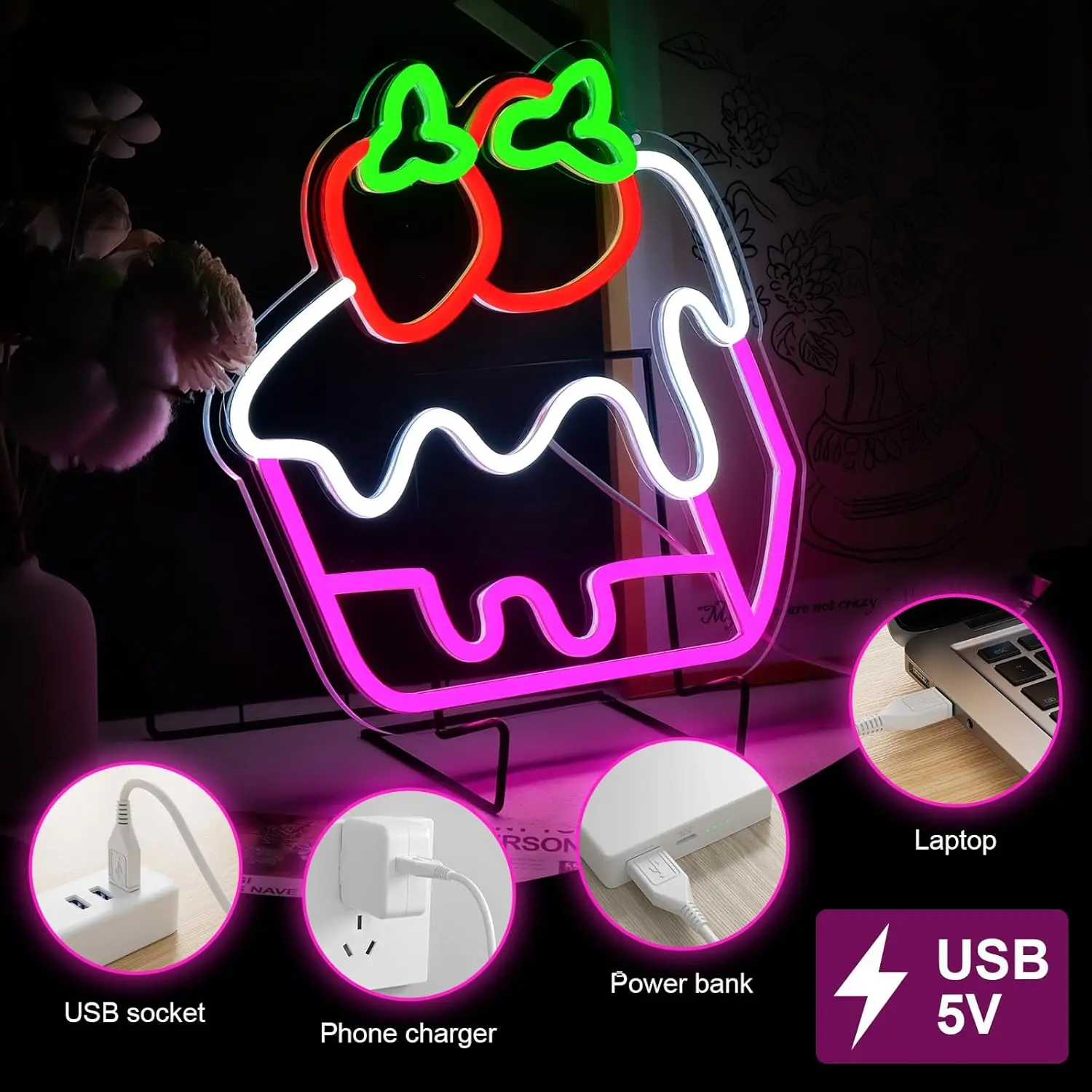 Strawberry Cake Neon Sign Dimmable Neon Lights for Restaurant Cafe Shop Home Kitchen Decor Aesthetics Draw Birthday Gifts