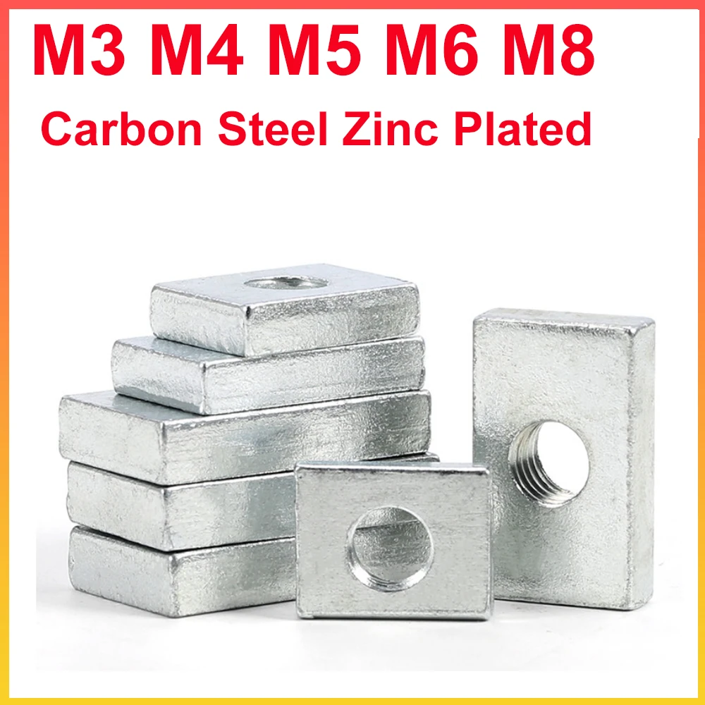 Rectangular Square Nut Carbon Steel Zinc Plated M3 M4 M5 M6 M8 Flat Block Slider Nut For Aluminum Profile Accessory Fastener