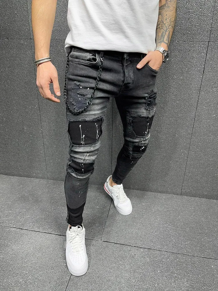 Sztrájktörő 90% Pamut férfiak retro mossa Reményevesztett Tartam Rajz Farmernadrág Tömített Terrier Toldás Farmervászon pantalones Bennyomás Cipzár joggers