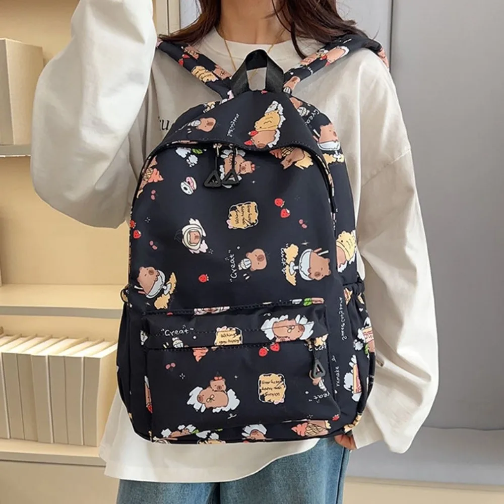 Nylon Capybara Backpack Wide Straps Multi Functional Cartoon Animal Daypack Lightweight Korean Style Large Capacity School Bag