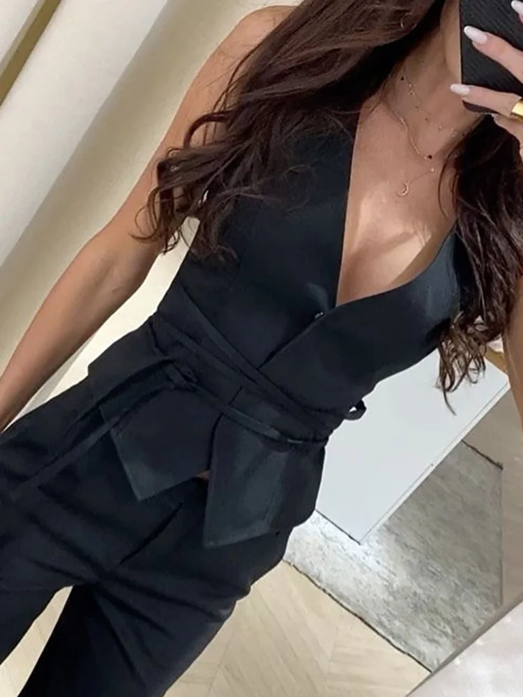 

Casual Women Sleeveless V Neck Tank Tops Spring Summer Chic Femme Lacing Up Top Streetwear Slim Patchwork Solid Cardigan Clothes