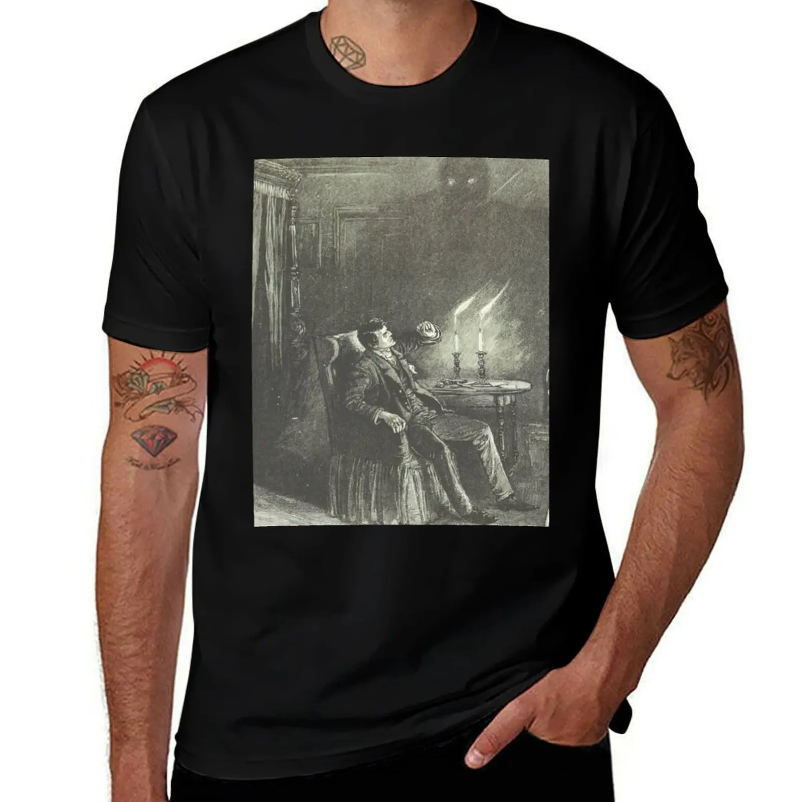 

Creepy etching illustration - A man reels from an evil shadow T-Shirt cotton t shirts high quality T-Shirt