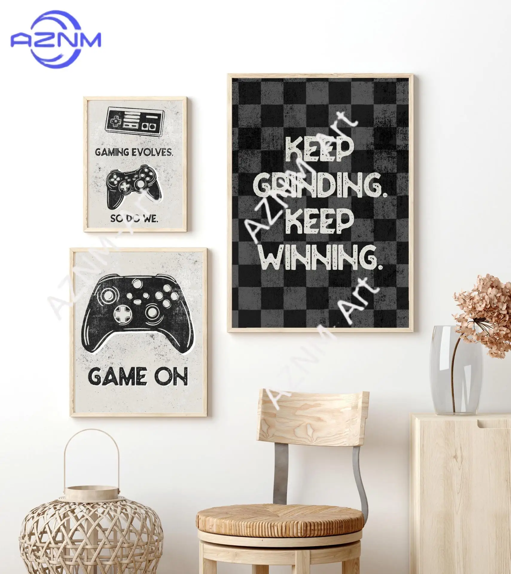 1PC ，Black-and-white game console headset game console e-sports room game room bedroom poster canvas decor picture frameless view 3