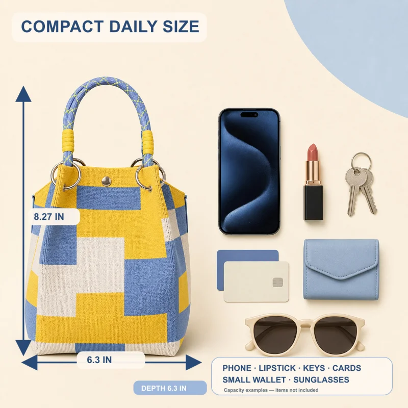 Mini Bolsa de Tricô para Mulheres, Pequena Bolsa de Mão Geométrica com Alça Destacável