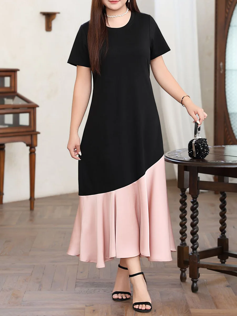 Women's Short Sleeve Satin Fishtail Dress, Elegant Loose Long Dress, Black Patchwork Pink, Plus Size, Good Quality, Summer, 2024