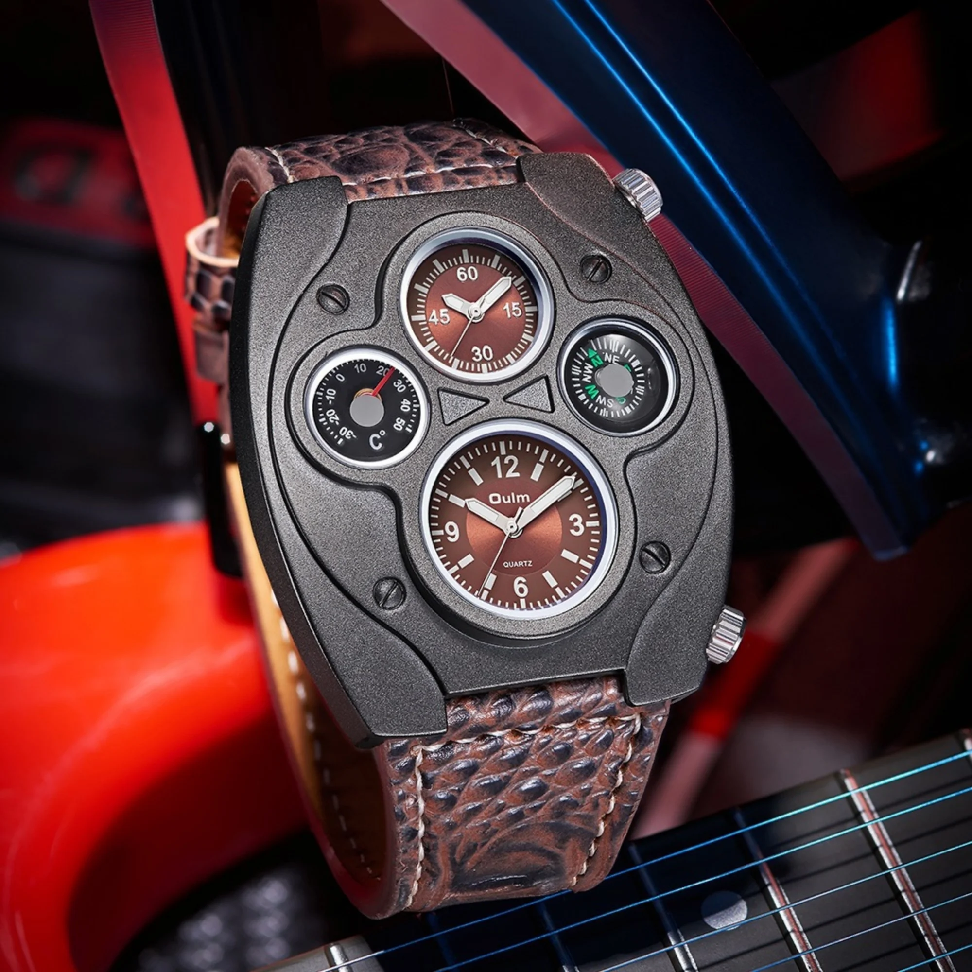 Men Unique Multi Dial Quartz Watch for Men With Compass Thermometer Wristwatch Big Case Personality Outdoor Sports Male Watch