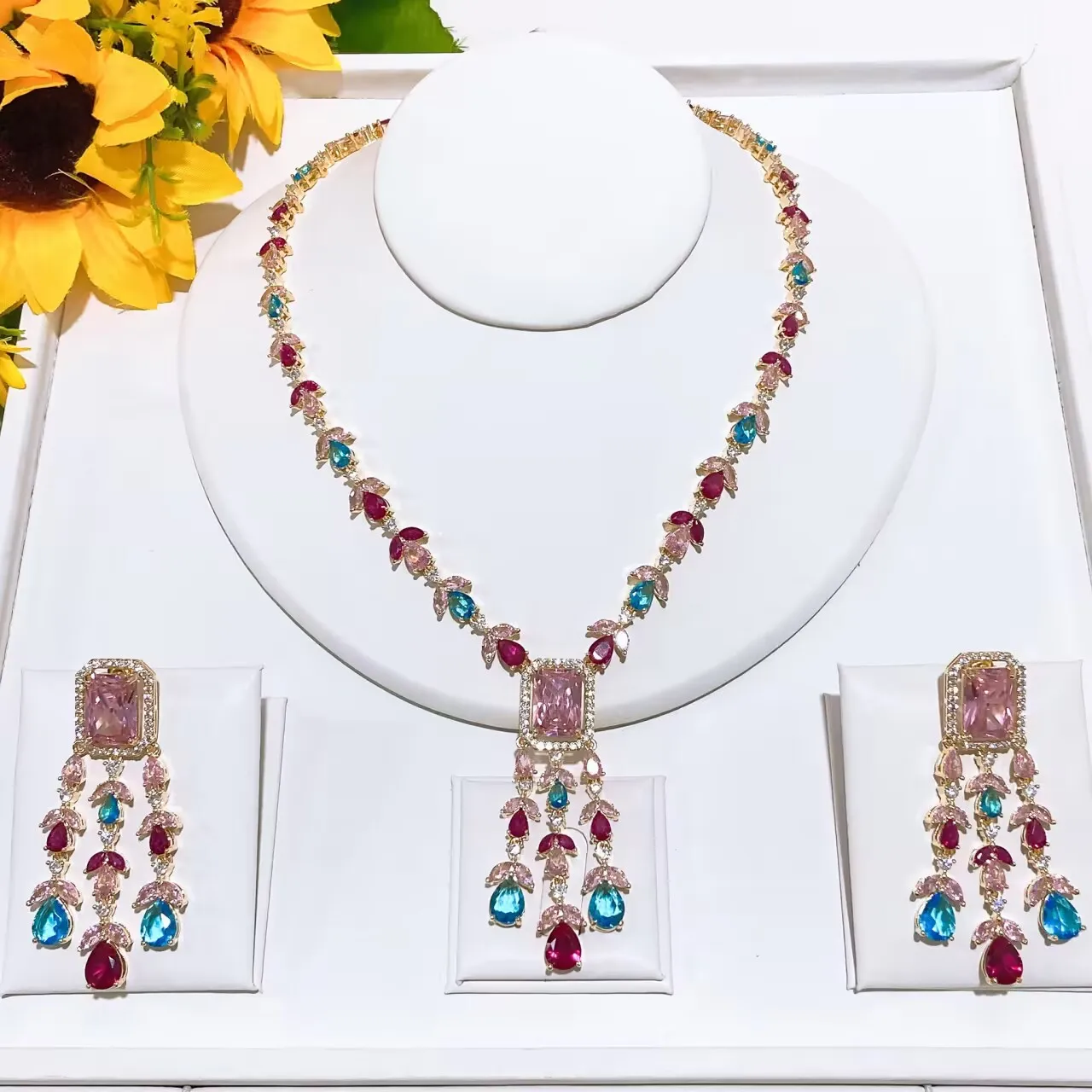 New In Luxury Gold Plated Multicolor Zircon Tassel Necklace Earrings Set Bridal Wedding Jewelry for Women Prom Party Gift