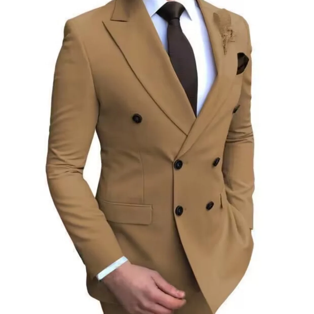 

High-end brown men's two-piece suit, slim fit, stylish and handsome, formal wedding and business attire for men.