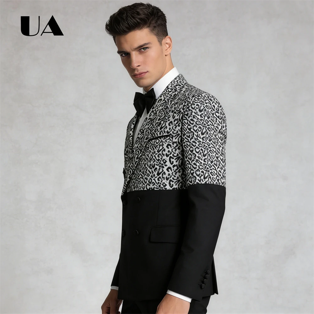 Leopard Printed Patchwork Suit for Men, Custom Tailoring Two Piece Suit Jacket Pant, High Street Trendy Tuxedo Suit Attire