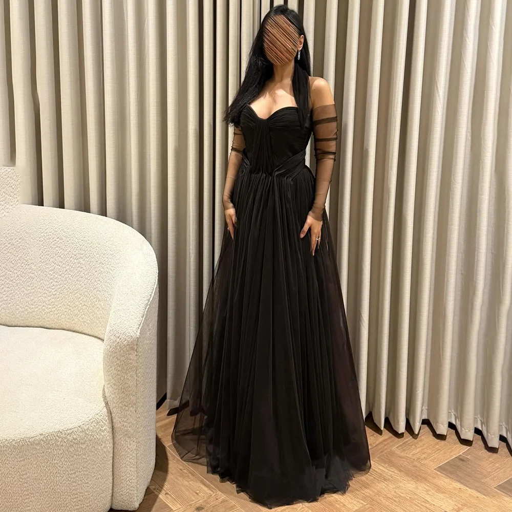 

Черное вечернее платье по индивидуальному заказу с вырезом в форме сердца, плиссированное тюлевое платье трапециевидной формы для выпускного вечера, длиной до пола, вечерние платья по индивидуальному заказу