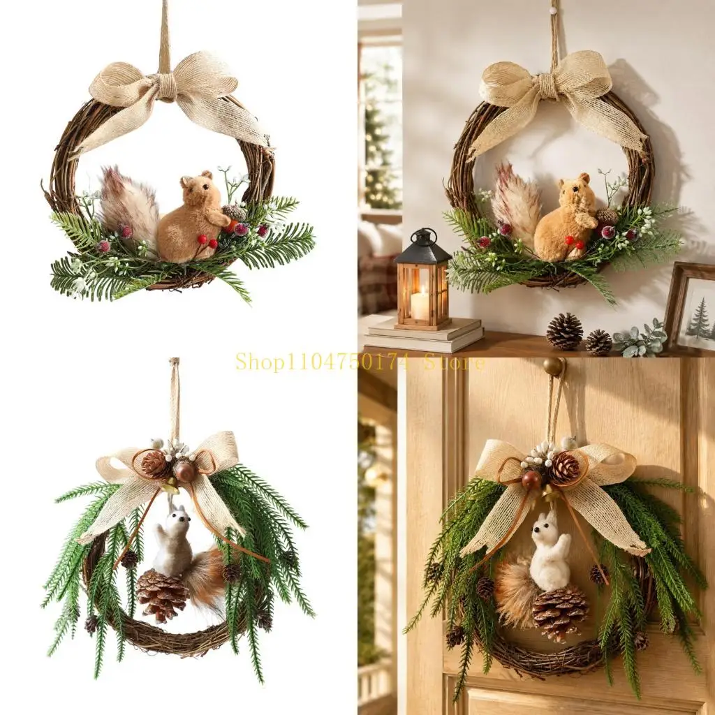 Squirrel Christmas Wreath with Faux Greenery, Bowknot and Pinecones Accent, Builts-In Vine Base for Door, Wall and Window Decors