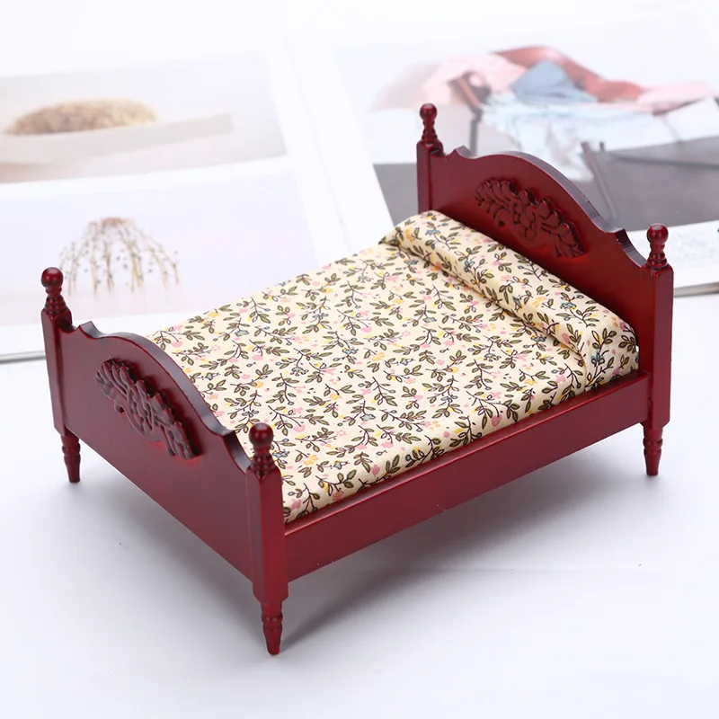 

1:12 Dollhouse Double Bed European Wooden Material Wood Mini Furniture Model Bedroom Scene Decoration Home Decor House Crafts