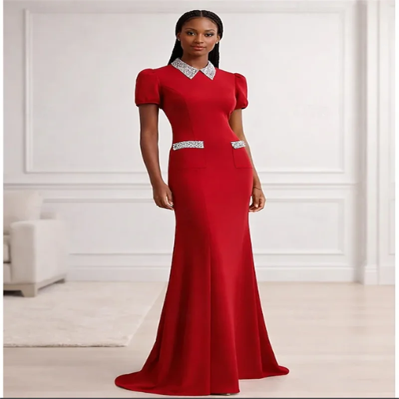 A-Line Sweep Brush Train Red Mother of the Dresses Evening Gown Formal  Elegant Glittering Embellished Short Sleeve Crew Neck