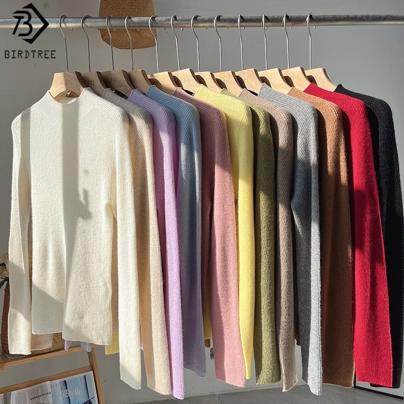 Birdtree,100% Cashmere Bottoming Undershirt,Women Mock Neck Full Sleeve Sweater,2025 Autumn/Winter New Warmth Pullover T5O839JF