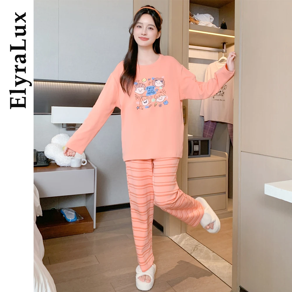 

ElyraLux Women's Sleepwear Long Sleeve Cotton Home Clothes Set Casual Spring Autumn Winter Comfortable Cartoon Print Pajamas