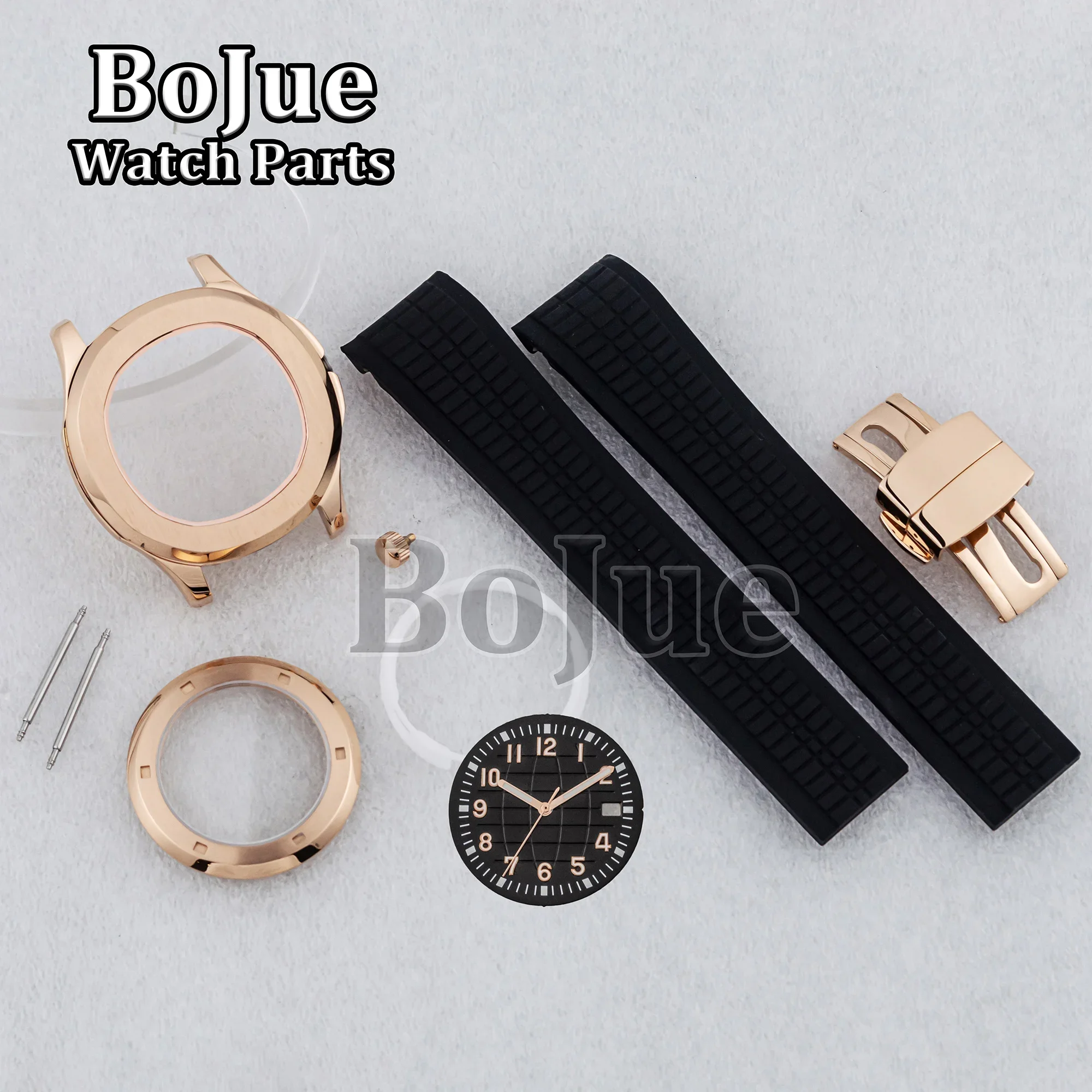 

42mm Rose gold Men Watch Case Dial Black Rubber Strap Sapphire Glass for AQUANAUT Nautilus NH35 NH36 Movement 10ATM Waterproof