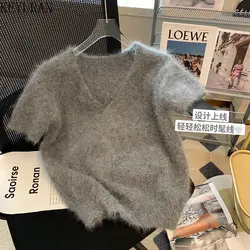 Grey V-neck Mohair Short-sleeved Sweater Women's Knitted T-shirt Spring Summer 2023 New Loose Gentle Vintage Knitwear Tops Tees