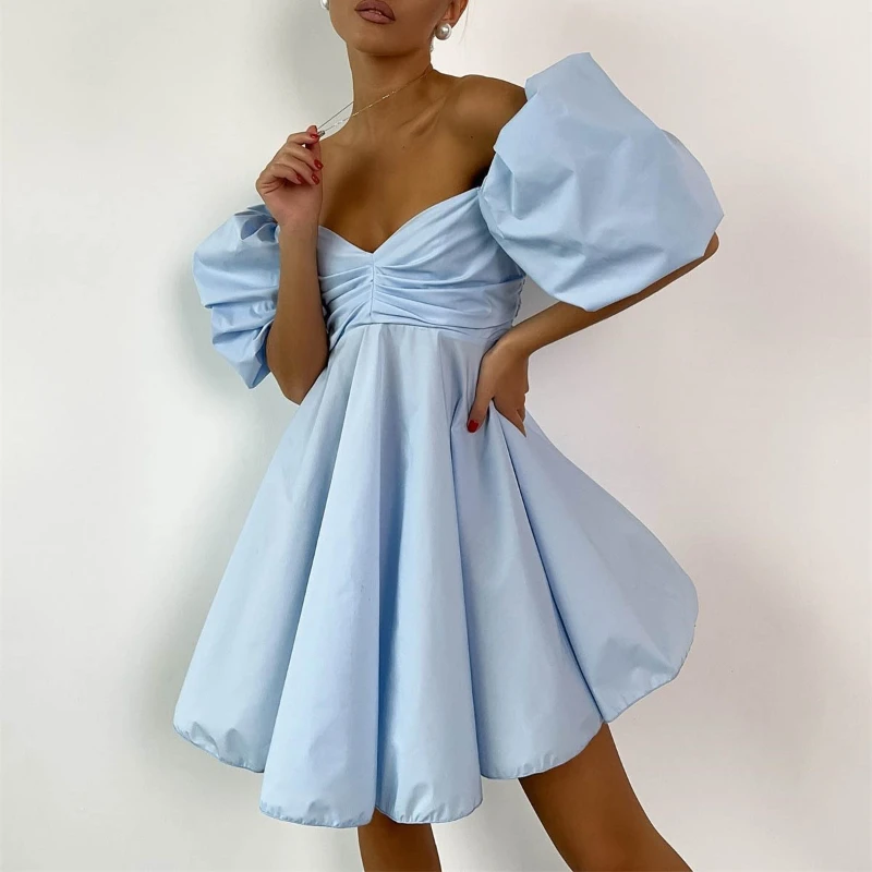 

I-neck Short Skirt Female Summer Bubble Sleeve High Waist Dress French Princess Skirt