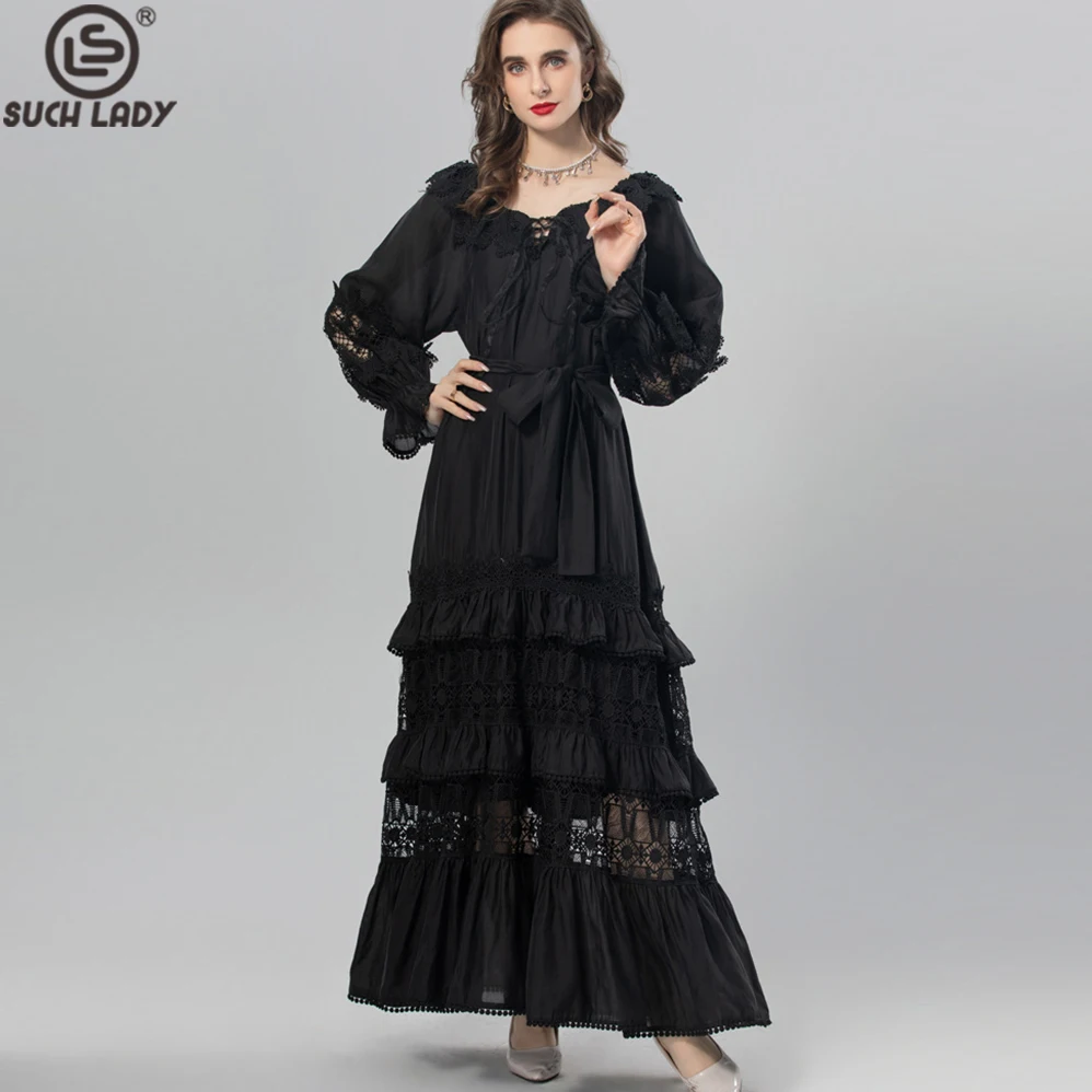 

Women' Dresses Scoop Neckline Long Sleeves Tiered Lace Ruffles Elegant Designer Party Prom