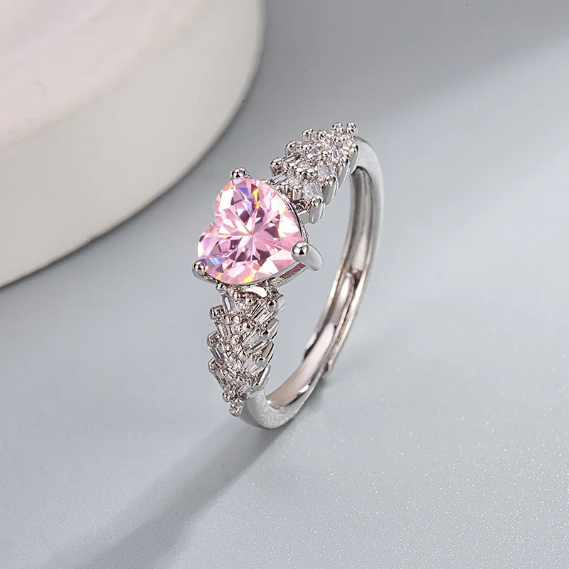 Pink Heart Cubic Zirconia Rings for Women Unique Wedding Engagement Accessories Fancy Lady Gift Romantic Trendy Jewelry