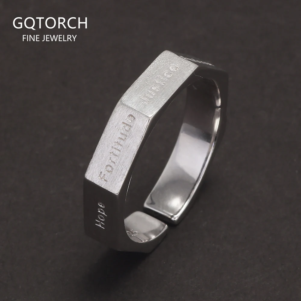 S925 Sterling Silver Faith Virtue Christian Ring for Women Men Seven Virtues Engraved Band Adjustable Geometric Antiqued Jewelry