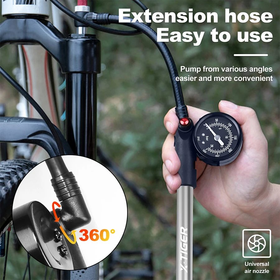 X-TIGER Portable High-pressure 300psi Bike Air Pump with Gauge for Fork & Rear Suspension Shock Absorber Mountain Bike Universal