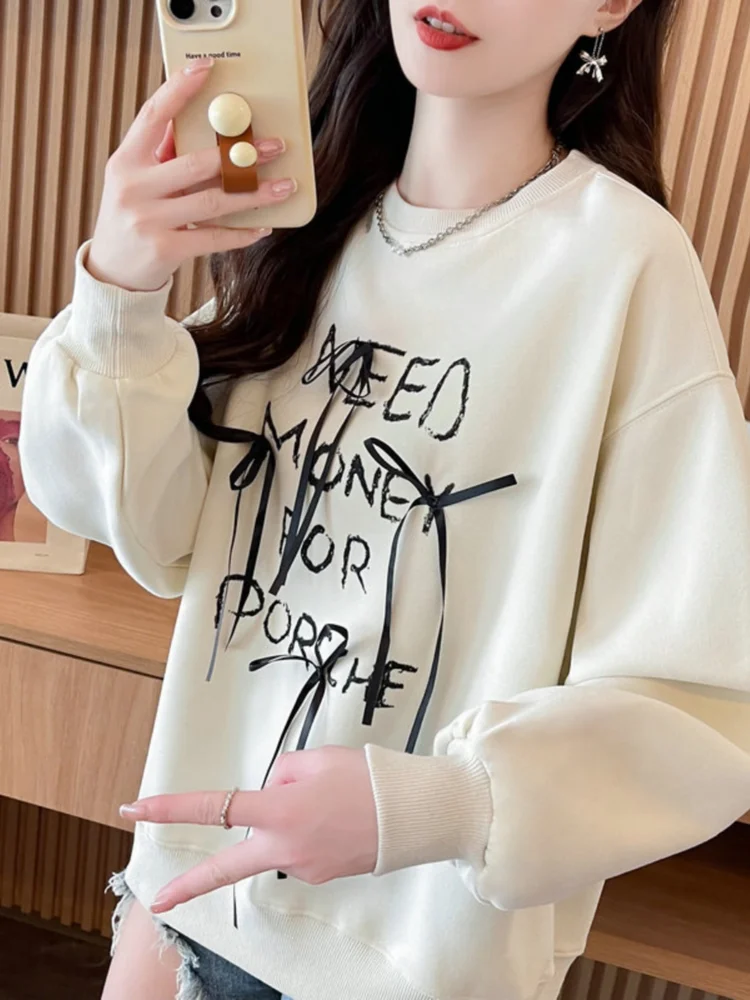 

Весенне-осенние модные простые топы с длинными рукавами и лентами с бантами и принтами букв, свободные спортивные повседневные удобные пуловеры