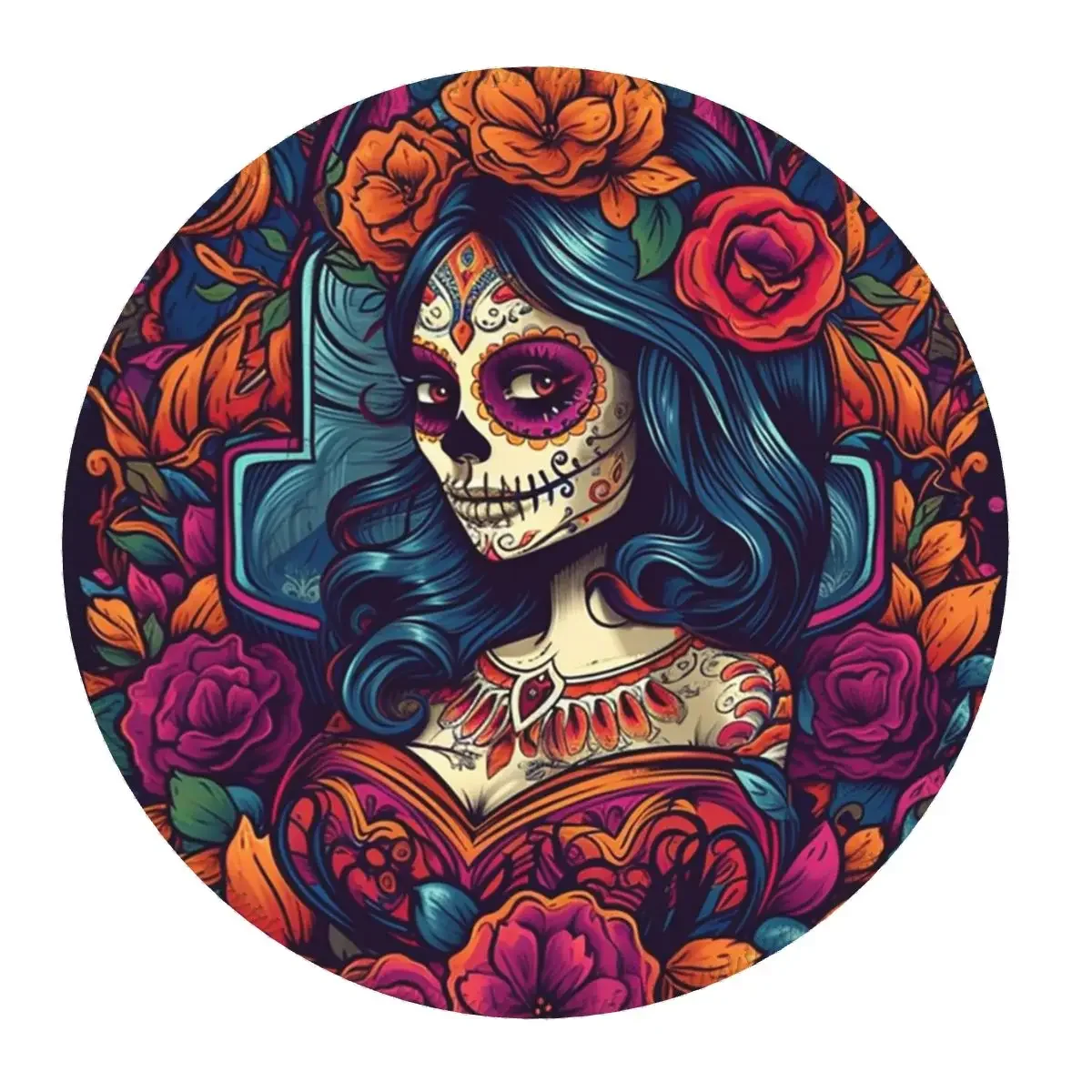 Mexican Catrina Girl Day Of The Dead Sugar Skull Round Mouse Pad Computer Keyboard Mouse Mat Gaming Laptop Desk Mat