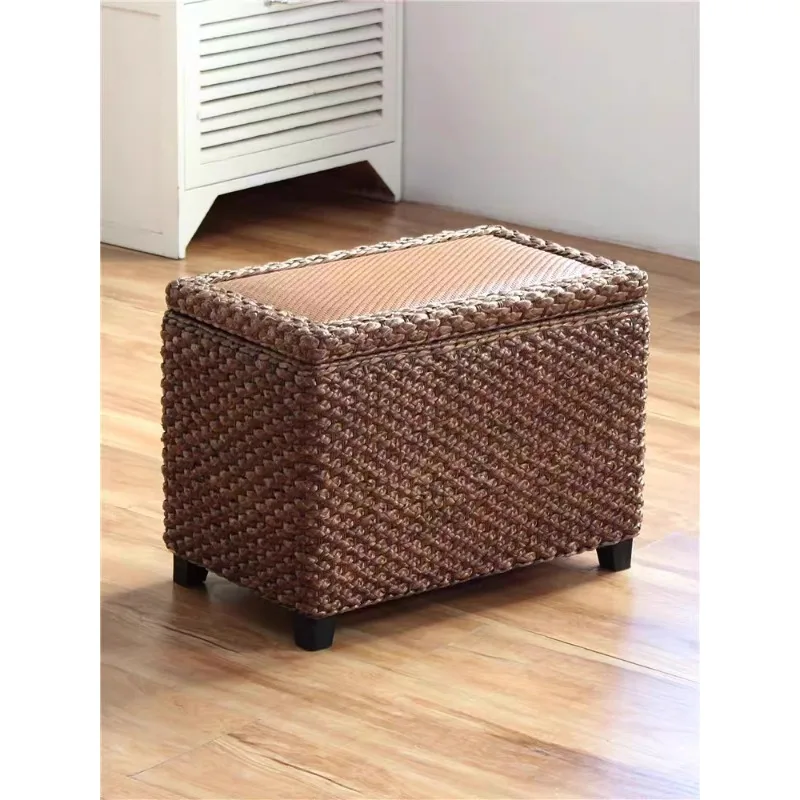 

Rattan l Door Slippers Storage Box Shoe Cover Basket Shoe Changing Sofa Stool Storage Box Retro Storage Stool