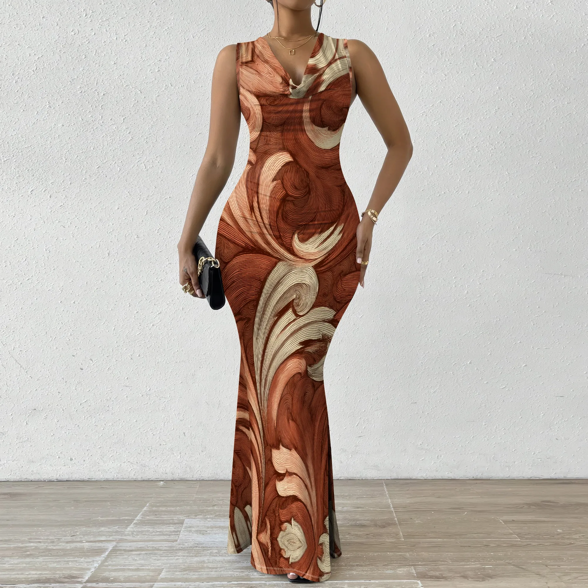 

Women's Elegant Cowl Neck Maxi Dress Vintage Floral Scroll Print Mermaid Gown for Fall Wedding Guest Party XS-2XL