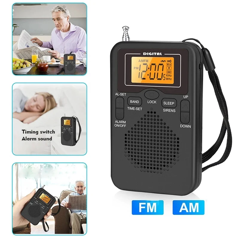 W-206 FM AM Radio portátil con batería auricular estéreo pantalla LCD despertador Digital temporizador de sueño Radio de uso de emergencia