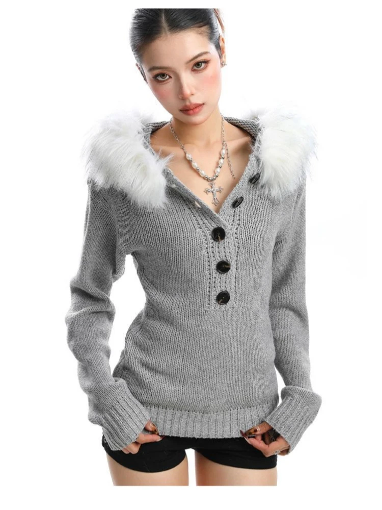 

Women's Y2K Faux Fur Collar Knit Sweater - Button Detail Slim Long Sleeve Pullover, Vintage Edgy Sweet Streetwear Autumn Winter