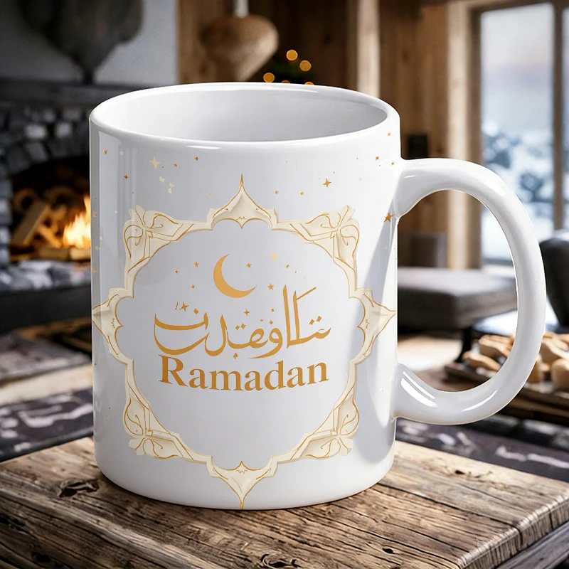 

1PCS Ramadan Blessing Gold-Pattern Crescent Ceramic Mug, Coffee Cup, Milk Cup, Office Tea Cup, Drinking Cup, Fade-Resistant