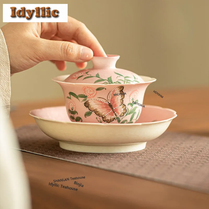 

150ml Pile Carve Butterflies Fragrant Bush Gaiwan Traditional Tea Tureen Tea Bowl With Lid Kit Tea Making Cover Bowl Drinkware