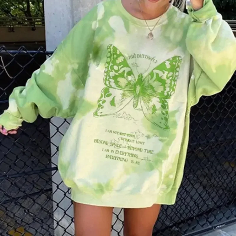 

Butterfly Print Tie-dye Long-sleeved Autumn Ladies Pullover Green Hoodie Casual Loose Pullover Top Women's Sweatshirt Plus Size