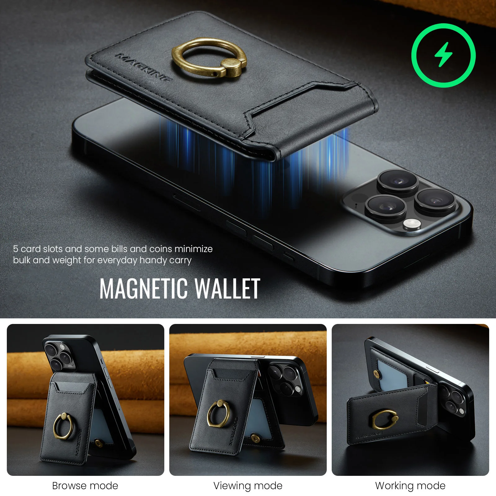 Luxuriöse magnetische Handyhülle aus Leder mit Ringständer für Magsafe iPhone 16 14 13 12 Pro Max 15 Plus, Kartensteckplatz-Abdeckung