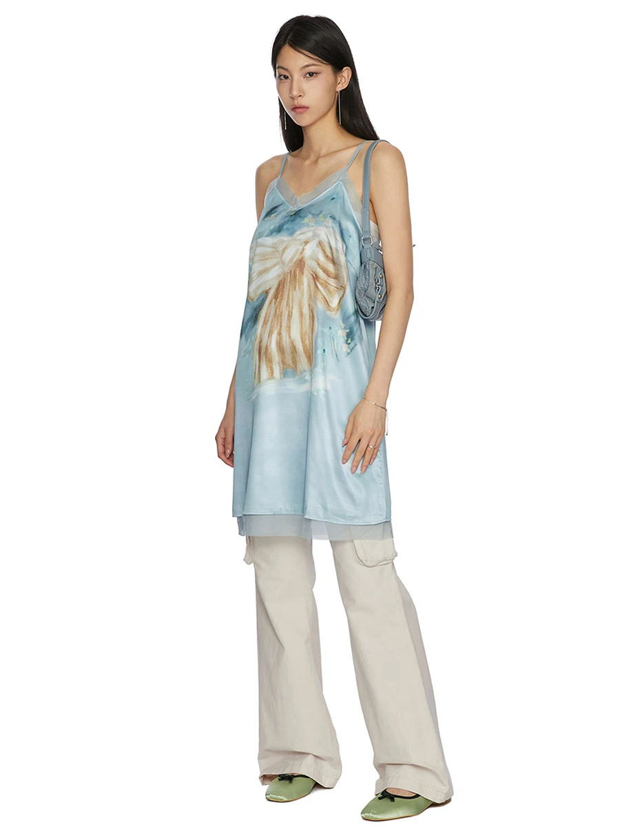 Reddaschic-Mini vestido con estampado estético de lazo para mujer, ropa de verano de una pieza, Retro, Y2k, drapeado, puntada de encaje, cuello en V, satén, deseo coreano