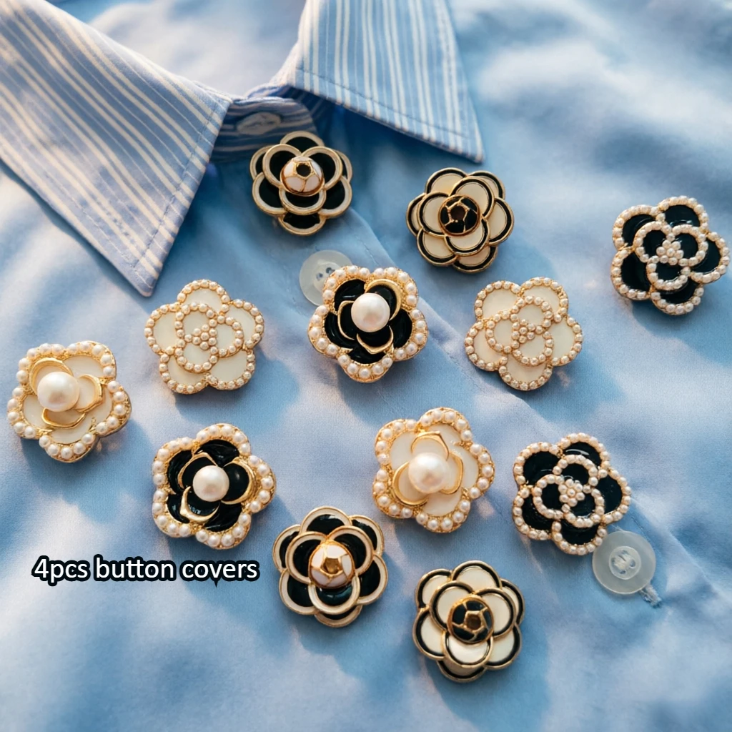 

4PCS Elegant Metal Classic Pearl Button Covers for DIY Clothing Decorative Button Alloy Shirt Sleeve Button Decoration