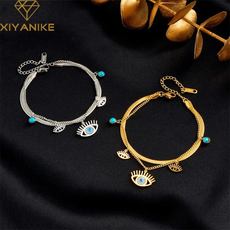 XIYANIKE 316L Stainless Steel Golden Bracelet Eyes Pendant Double Chain New Arrival Accessories for Women Simple Jewelry Pulsera