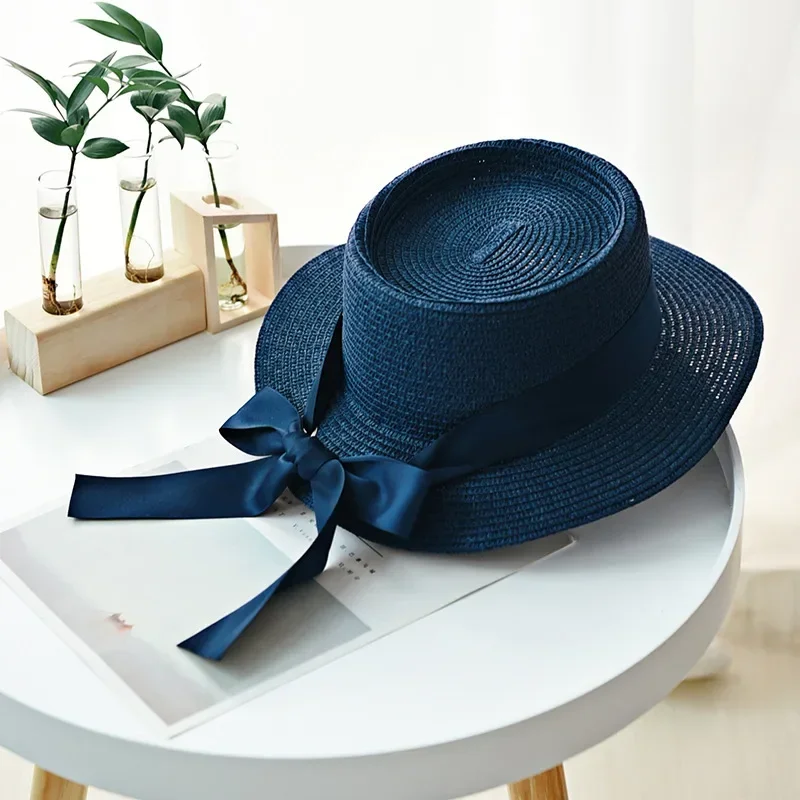 

Women Fashion Girl Casual Straw Flat Top Panama Hat Ribbon Bow Beach Hat Bone Feminino Summer Sun Hats